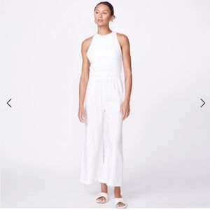 Monrow White Linen Jumpsuit Wide Leg High Neck Pockets Stretch S